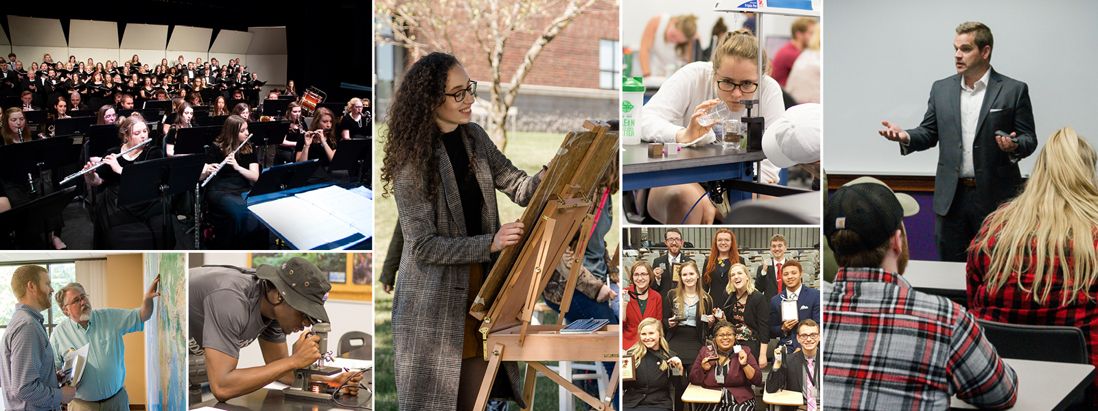 collage of photos showing students at work in areas of art, communication, sciences, etc.