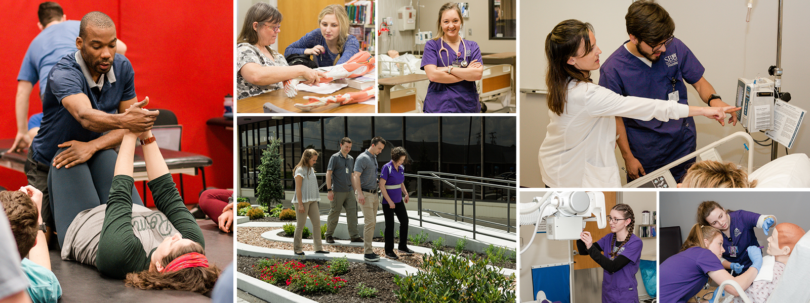 collage of photos of nursing, physical therapy, and radiography students at work